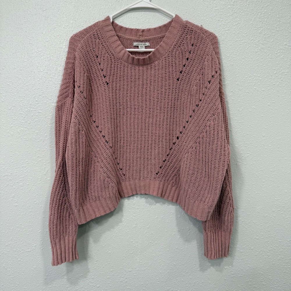 American Eagle Chenille Knit Sweater Dusty Rose Pink Pointelle Pullover Medium